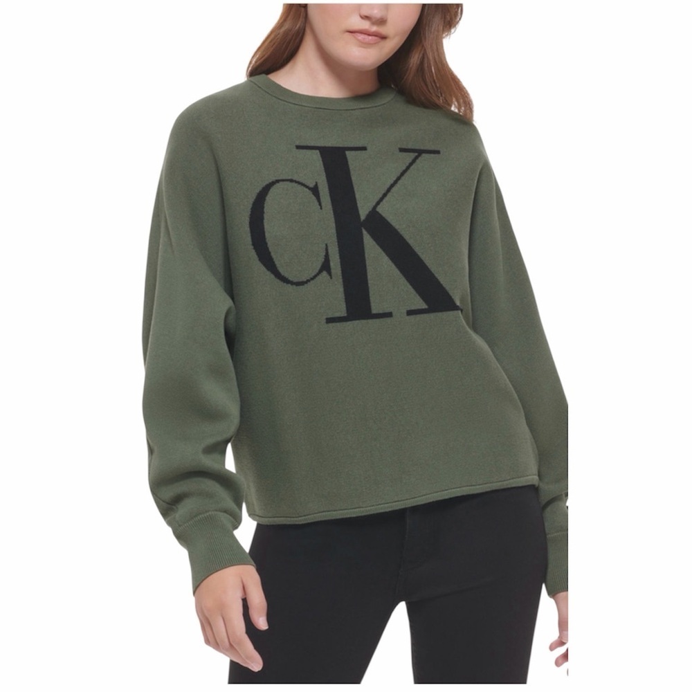Calvin Klein Women's Monogram Dolman Knit Sweater Green Size M 100% cotton